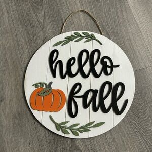 Hello Fall Home Decor Wall Front Door Hanging Sign Mantle Pumpkin Rustic